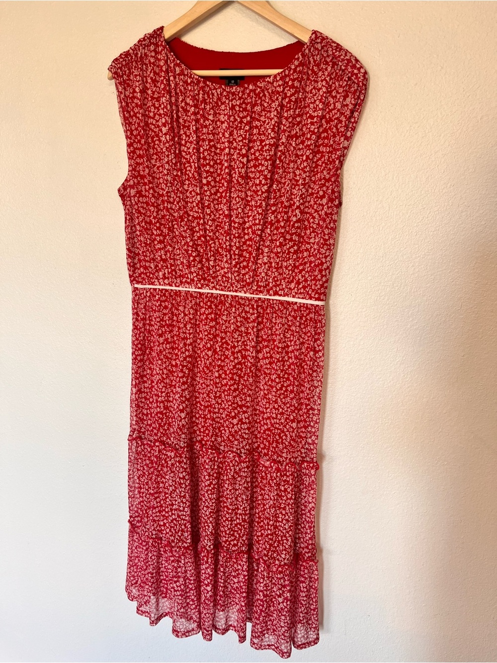 Red Floral Midi Dress with Waist Detail